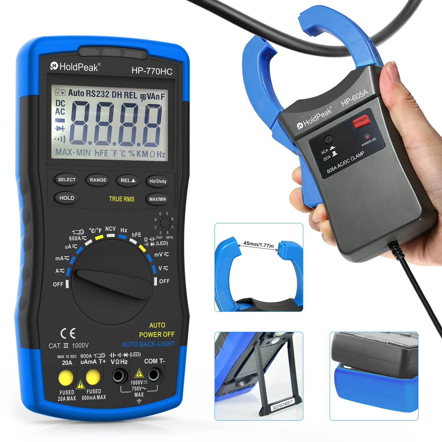 HoldPeak HP-770HC Digital Multimeter Tester True RMS Smart Autoranging Probe With NCV+HP-605A Clamp Adapter 600A  AC/DC Current 4