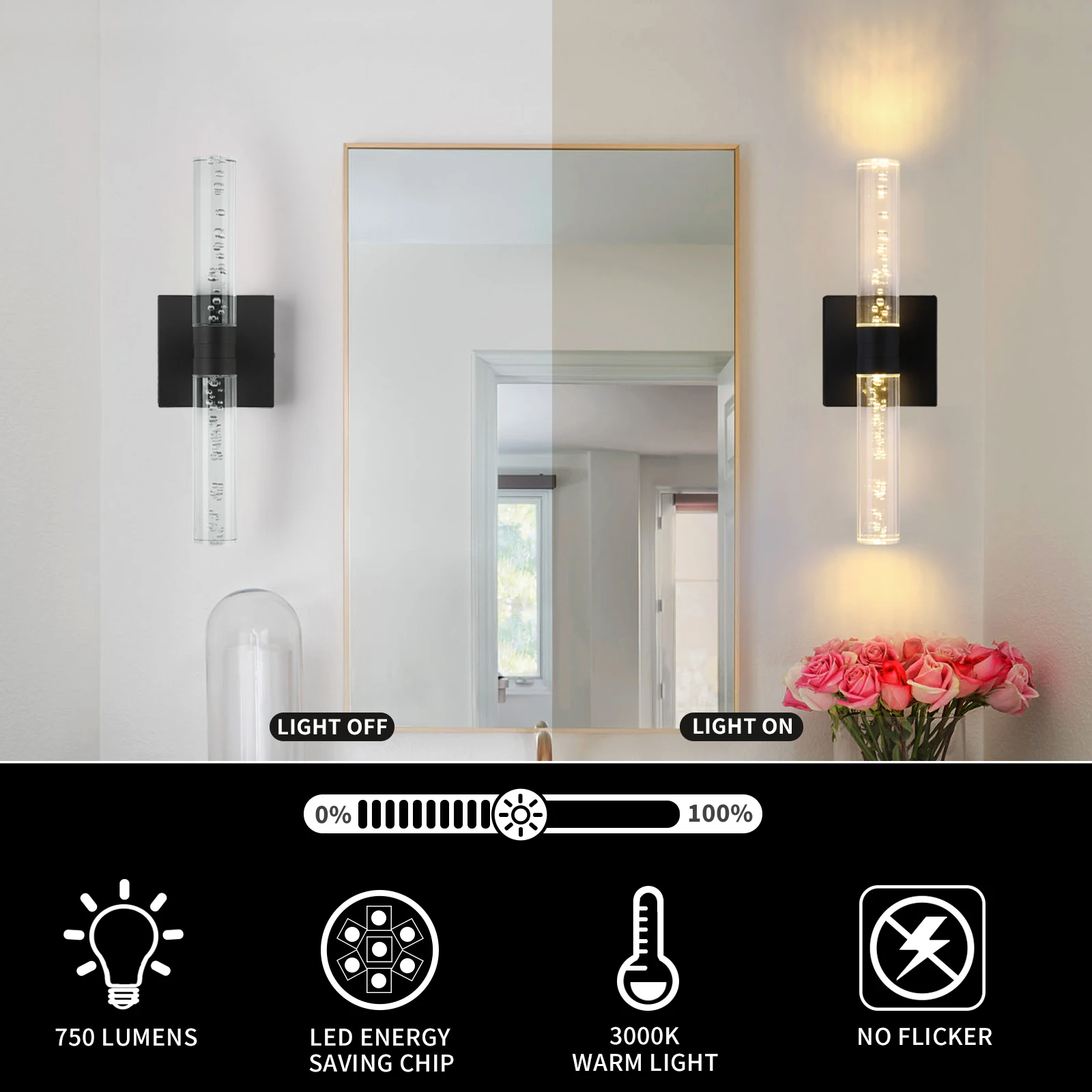 LED Wall Sconce Lighting, Modern LED Vanity Lights in Bubble Acrylic, 10W Warm White 3000K Bathroom Vanity Light Fixtures for Be 3