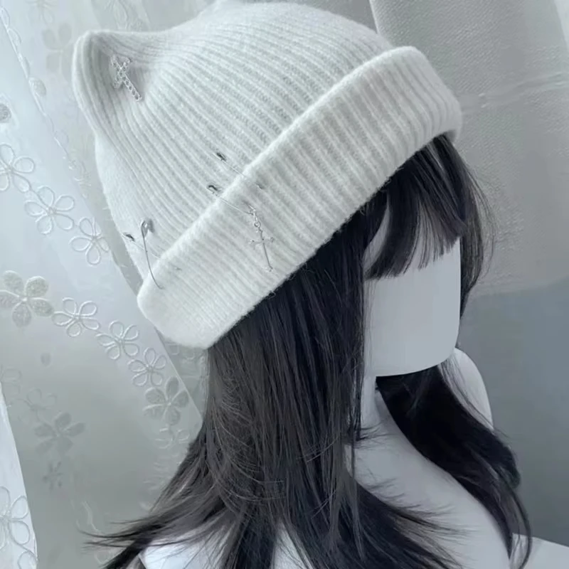 Gothic Knitted Beanie Hat For Women Y2K Cat Ear Hat Handmade Crochet Skull Hat Female Teens Subculture Headwear_voghion.com
