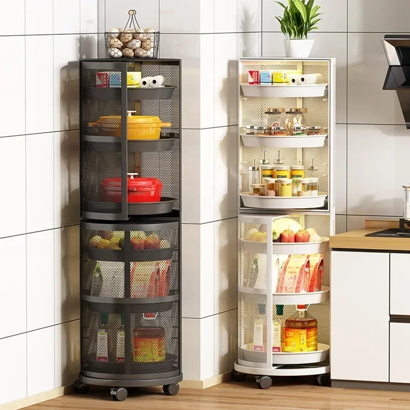 Luxury Kitchen Multifunctional Organizer Storage Vegetable Rack Cabinet Corner Rotatable Shelf With Door Wheeled Mobile Trolley