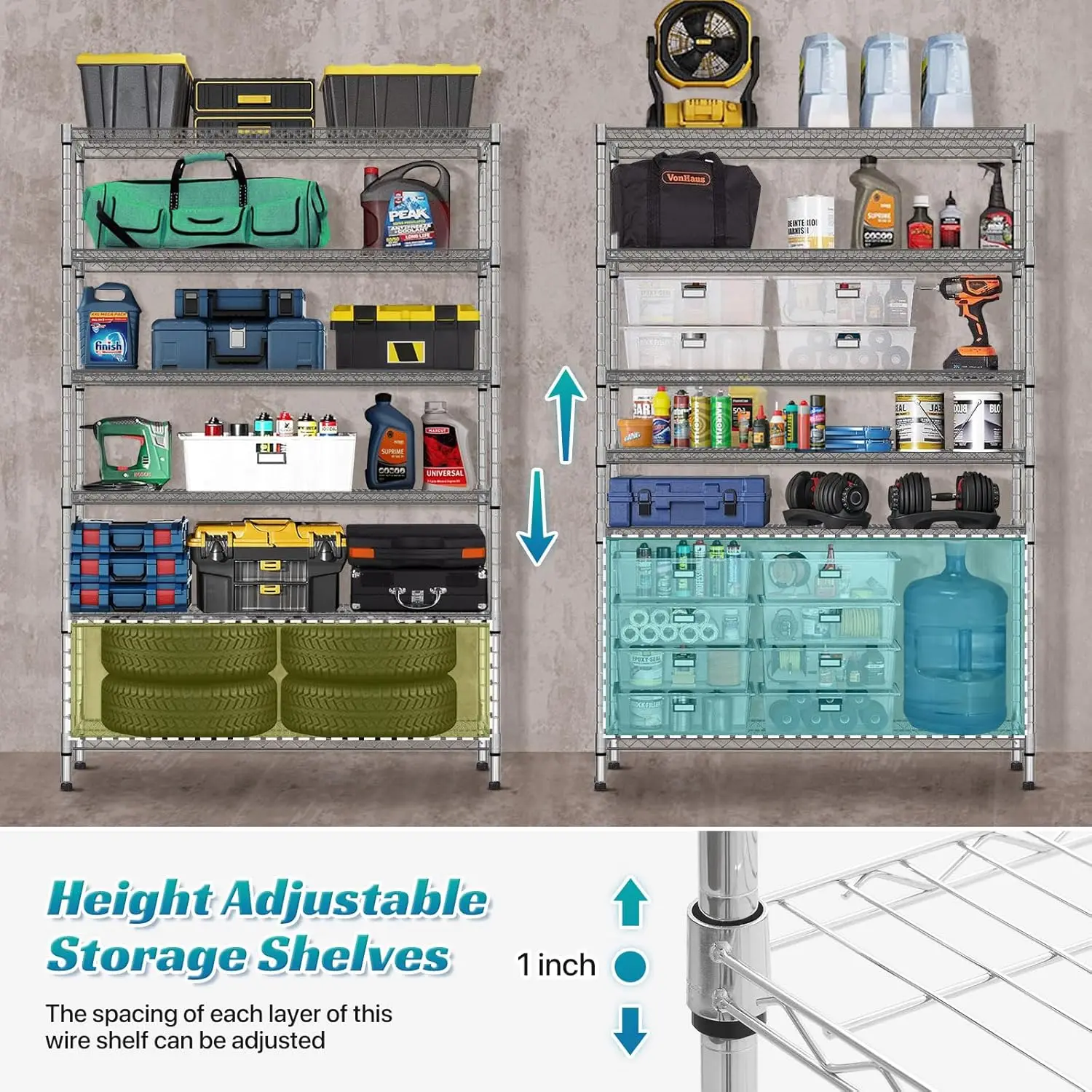 Storage Shelves Metal Wire Shelving Unit with Wheels, 6000LBS Weight Capacity Heavy Duty NSF Height Adjustable Garage She 5
