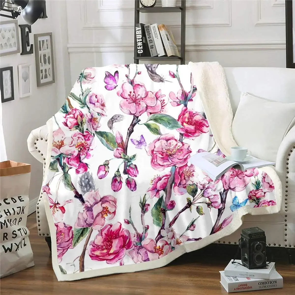 

Loussiesd Floral Fleece Throw Blanket Botanical Branches Sherpa Blanket for Women Adults 3D Butterflies Printed Plush Blanket