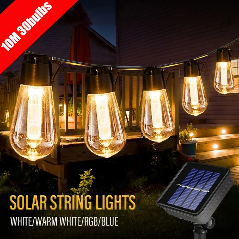10M 30 LEDS Solar String Lights Outdoor Patio Lights Solar Powered Lamp Waterproof Globe Hanging Solar LED Light Outdoor Garden