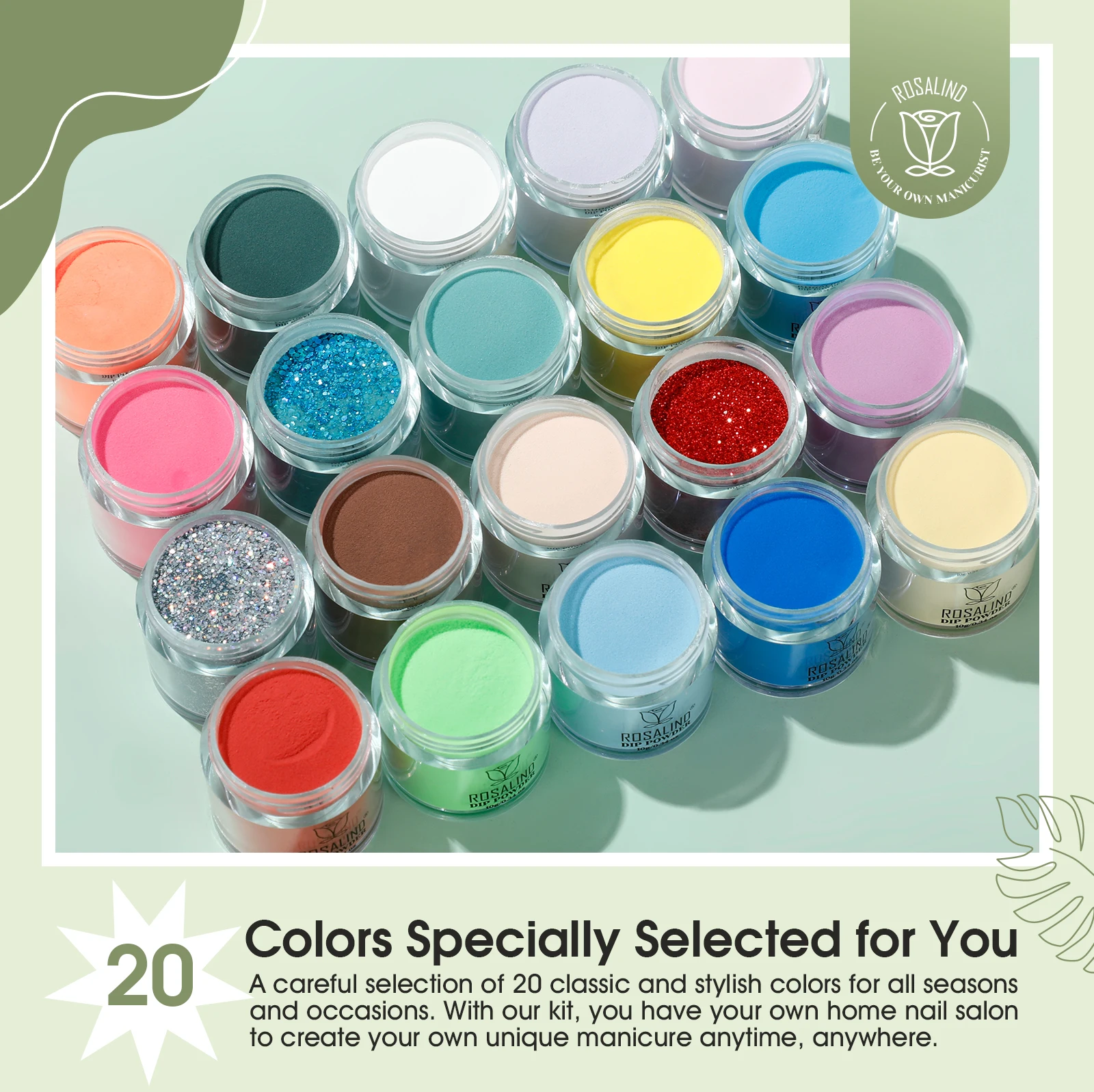 ROSALIND 29PCS Dip Nails Powder Starter Kit, 20 Colors Dip Powder Nail Kit Red Green Orange Glitter Series Nail Color