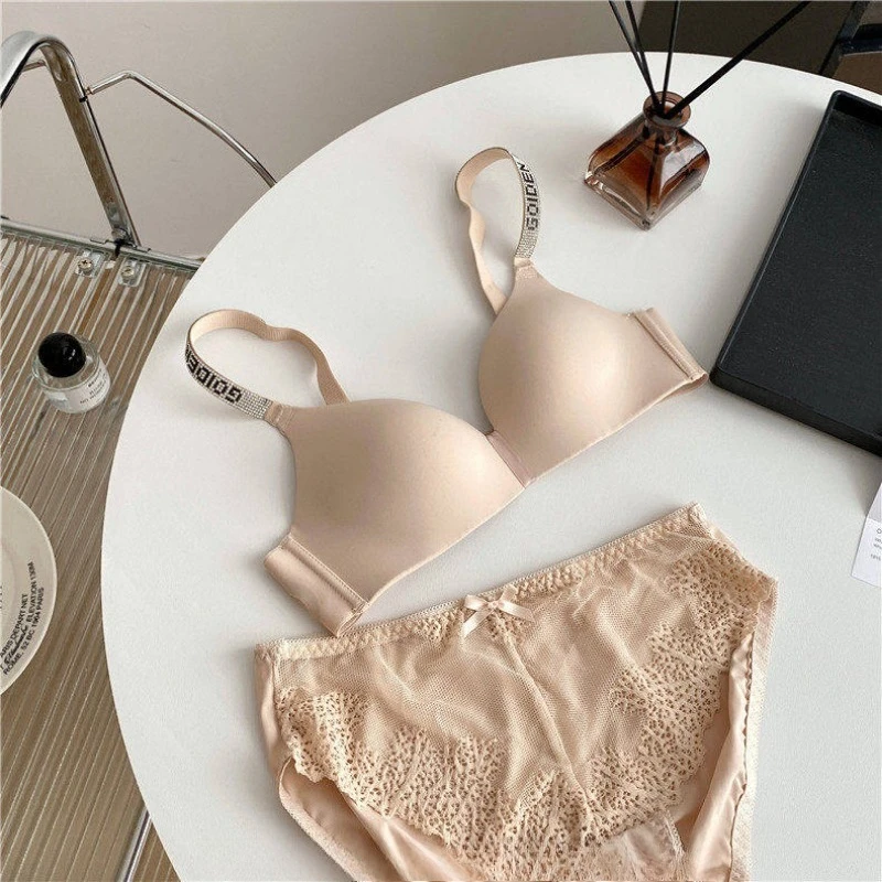 Hot Sale Sexy Letter Rhinestone Strap Bra Set Seamless Thin Summer Light Push Up Anti Sagging Comfortable Women Lingerie Set_voghion.com