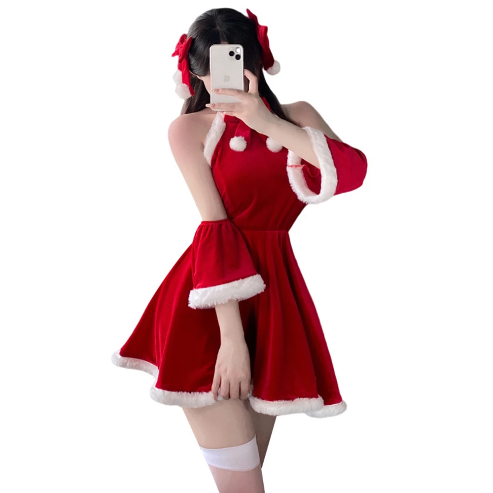 

Women Santa Claus Red Velvet Dress Cosplay Sexy Lolita Maid Uniform Fancy Dress Sweet Christmas Xmas Halloween Party Costume