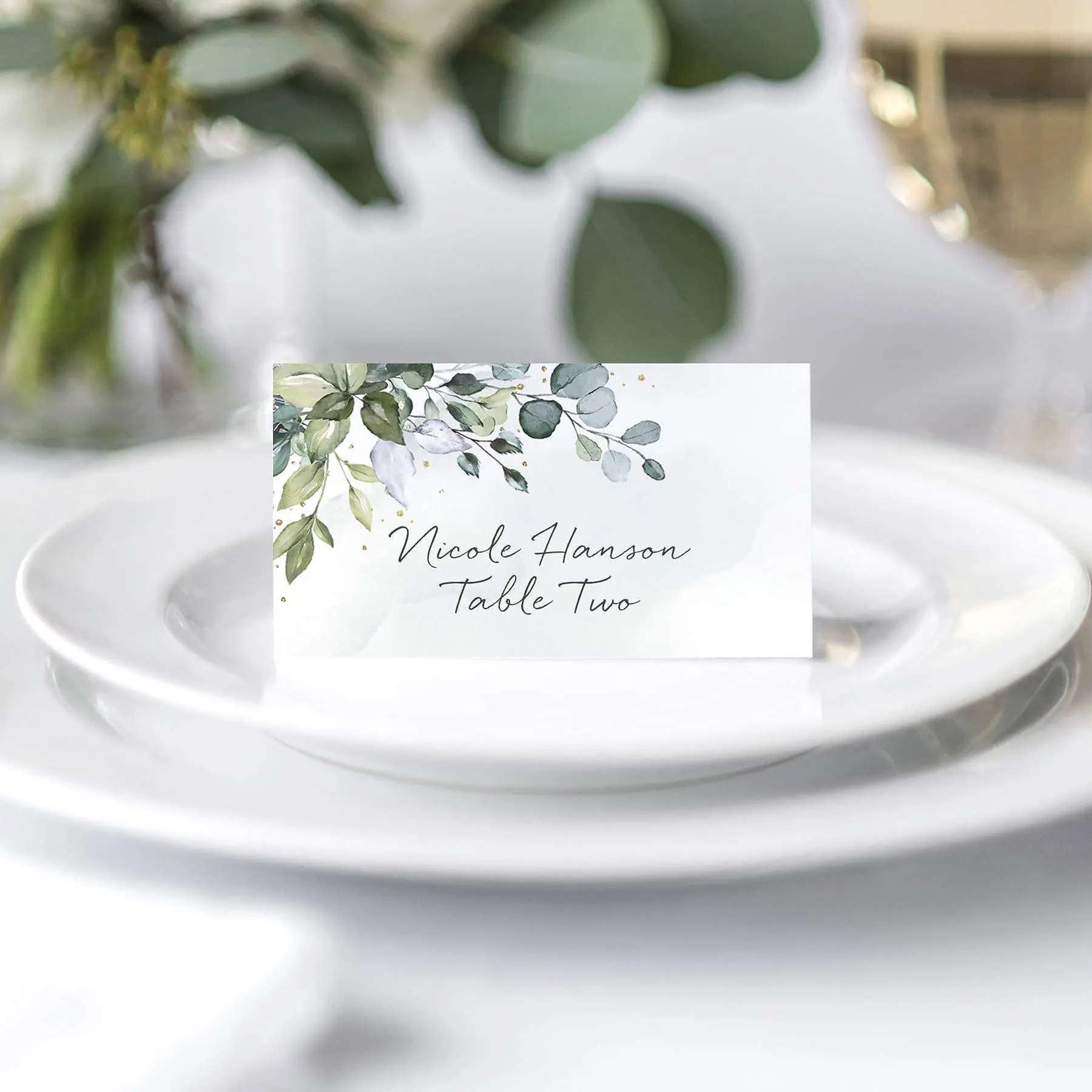 Green Leaf Watercolor Wedding or Party Place Cards Table Seating Cards Score-Engraved Easy Folding 2 x 3.5 Inch Pack of 50 place cards