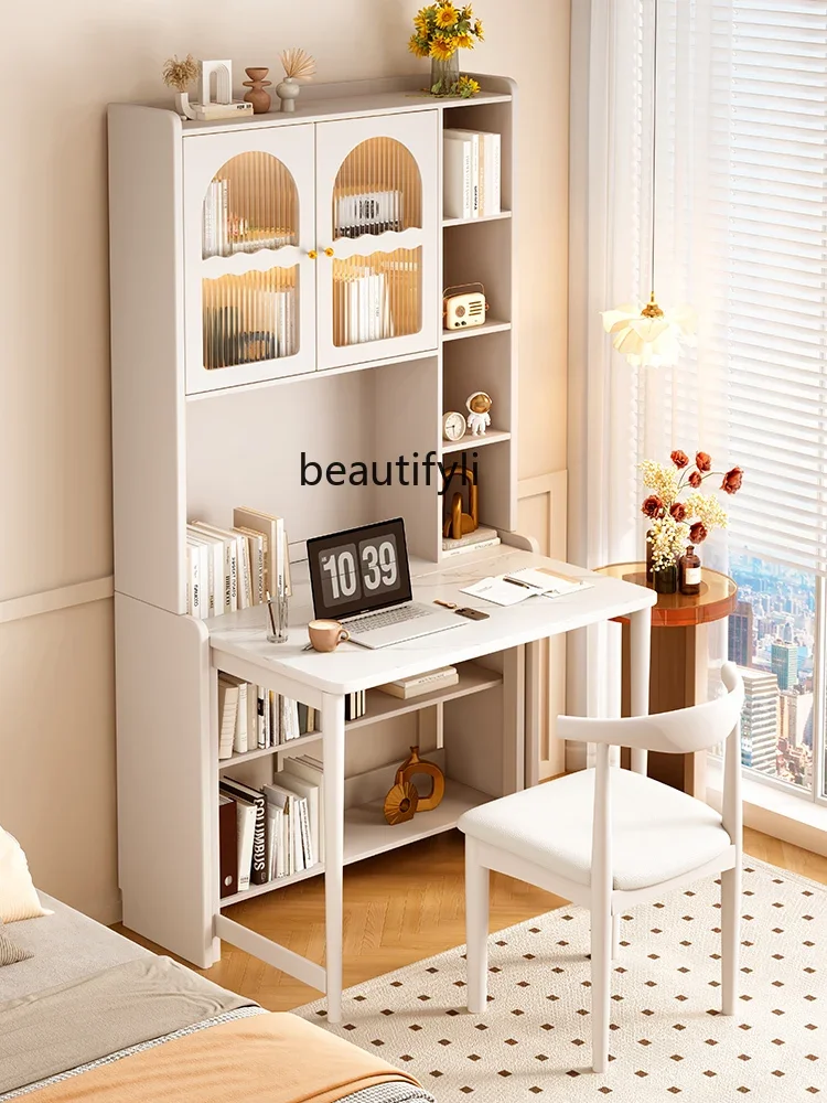 

Modern Minimalist Cream Style Stone Plate Desk Bookshelf Integrated Small Apartment Writing Desk Bookcase Folding White