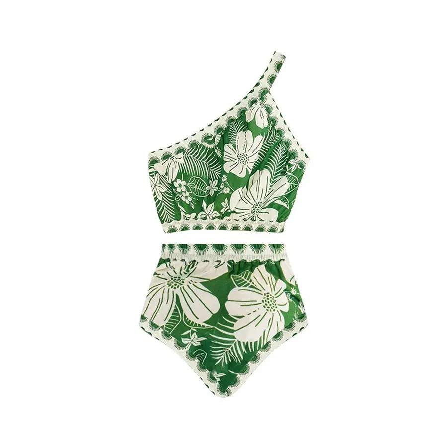 One Shoulder Trendy Swim Dress Two Piece Swimsuit for Women Floral Swimwear Girls Boho Bathing Suit Womens Beach Swimming Dress
