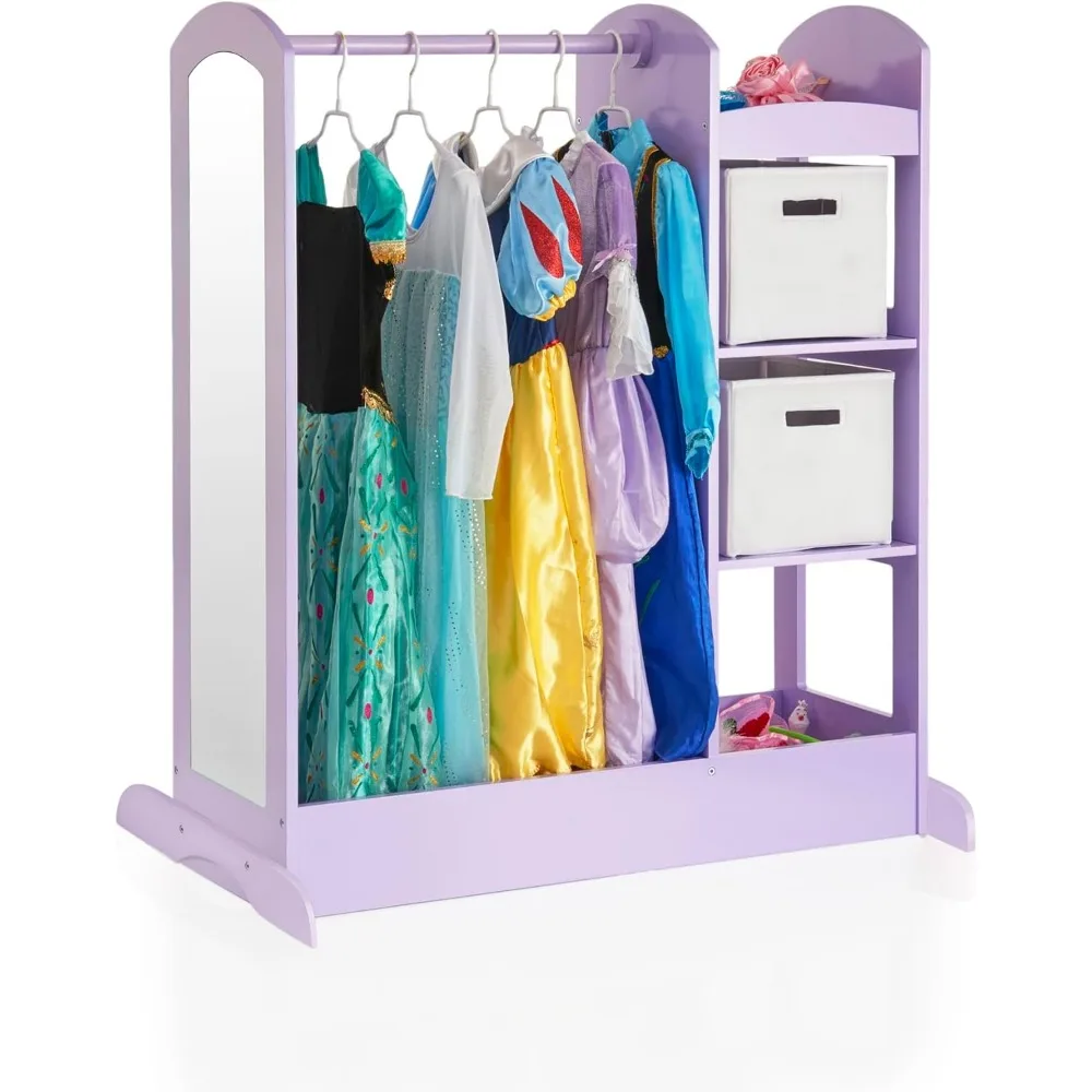 

Pretend Play Storage Closet with Mirror & Shelves, Armoire for Kids with Bottom Tray - Costume Storage Dresser