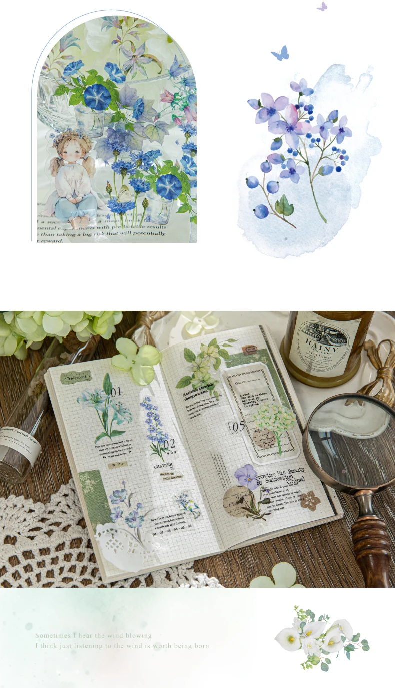 40 Pcs Fresh Flower PET Sticker Pack Aesthetic Hand Accounting Transparent Decoration Scrapbooking Stationery Supplies for Kids