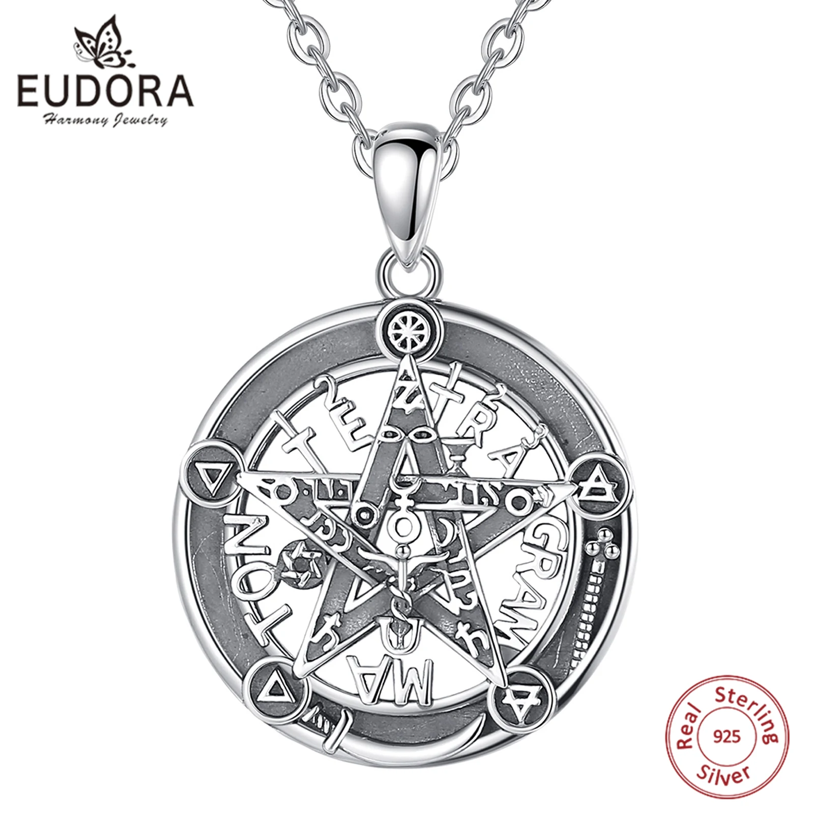 

Eudora 925 Sterling Silver Pentagram Runes Necklaces for Man Compass Amulet Guardian Star Tetragrammaton Pendant Personality Gif