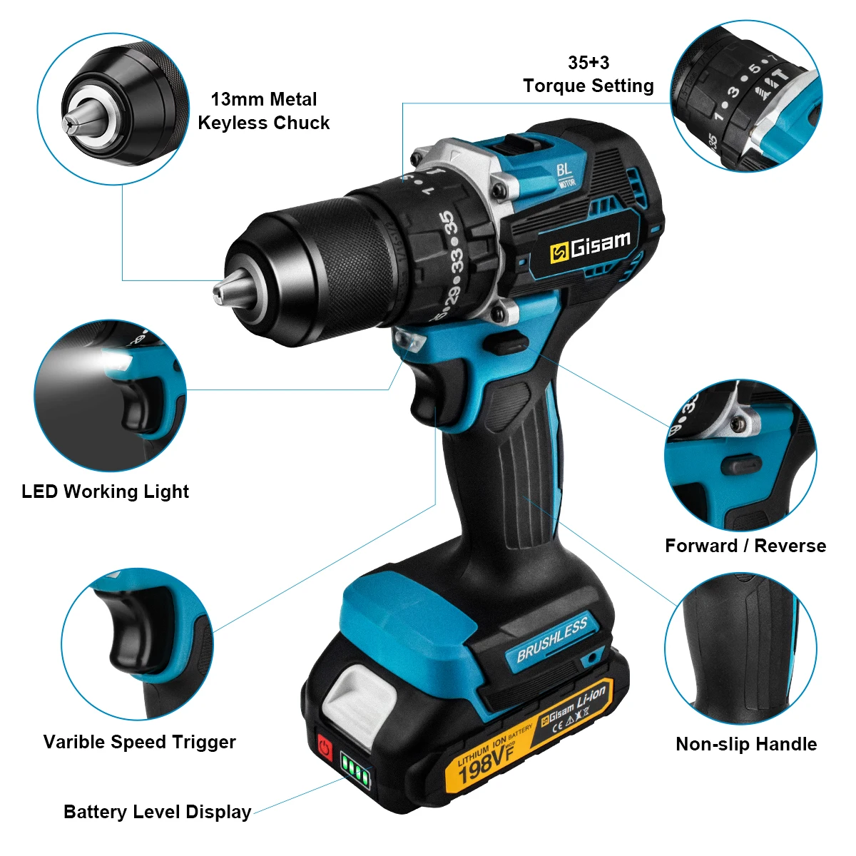 Gisam 65N.m 13MM 35+3 Torque Brushless Electric Impact Drill Cordless Electric Screwdriver DIY Power Tool For Makita 18V Battery 4