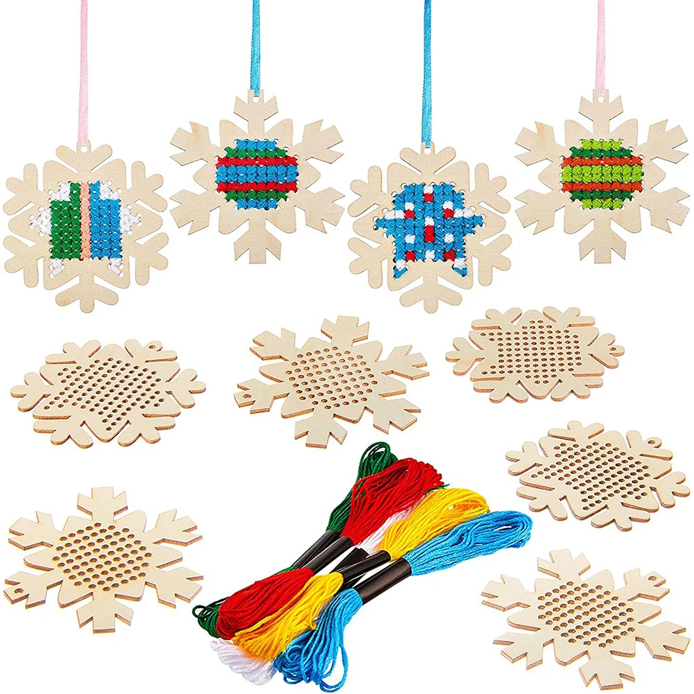 Cross Stitch Hanging Pendant Snowflake DIY Needlework Art Pendant Kit Wooden Ornaments Making Kit for Home Xmas Tree Decor