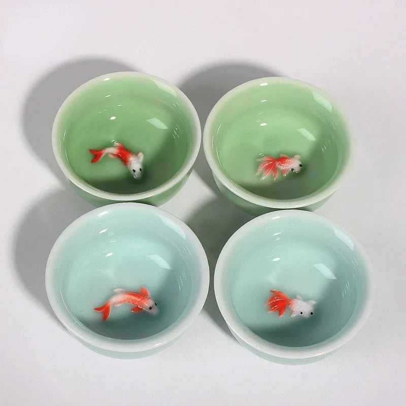 50ml Porcelain Chinese Ceramic KungFu Tea Cup Celadon Azure/Green Creative Carp Goldfish Small Teacup Drinkware