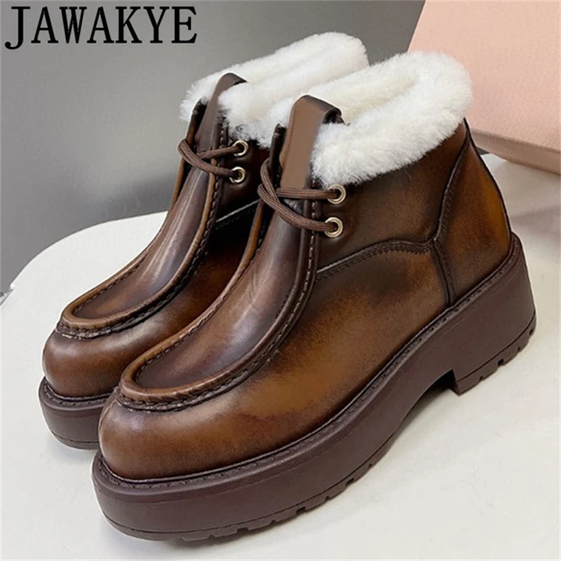

2023 Winter Retro Genuine Leather Lace Up Fur Snow Boots Women Brand Thick Sole Plush Short Ankle Boots Warm Wool Botas Mujer