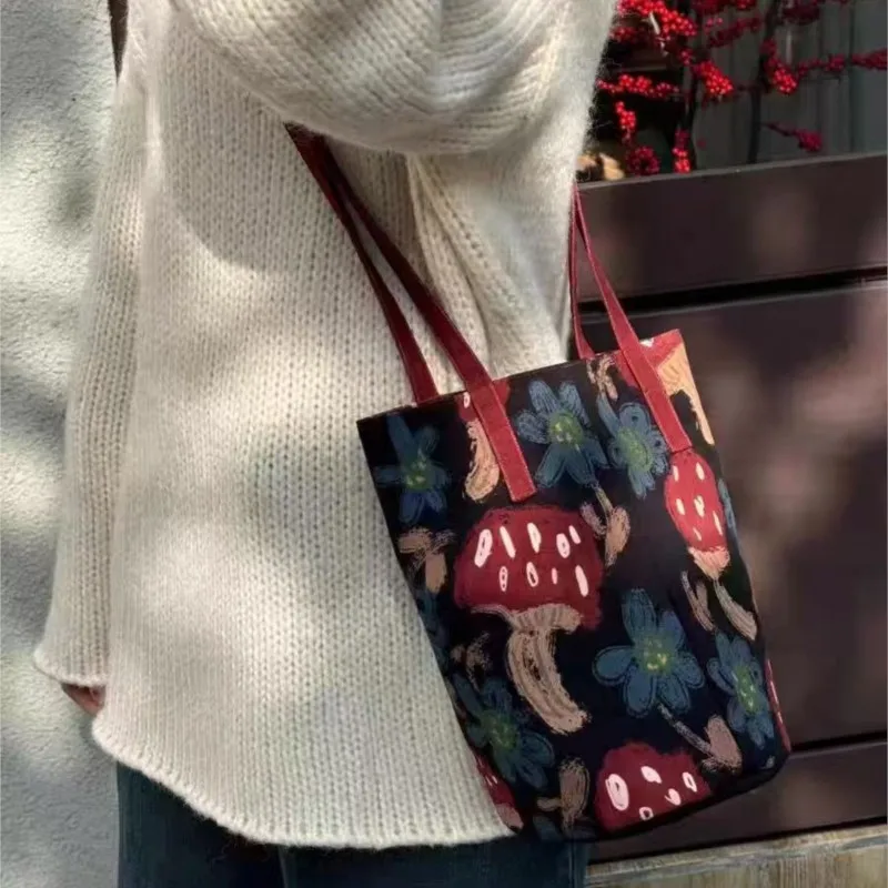 Mushroom Flower Doodle Bucket Handbag Women Black Large Capacity Canvas Shoulder Bag Ladies Cute Fun Shopping Tote Crossbody Bag
