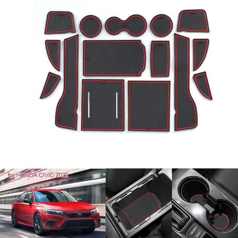 15Pcs/Set Car Anti-Slip Gate Slot Mat For Honda Civic 2022 Dustproof Waterproof Auto Interior Door Pad Pvc Black Red Door Mats