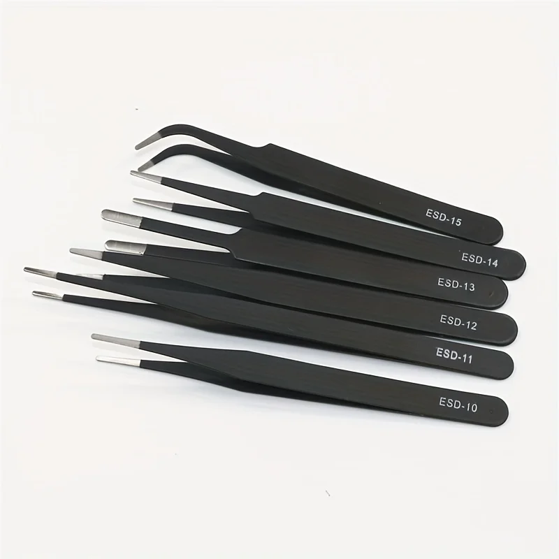 Precision ESD anti-static tweezers set 6-pc durable stainless steel tool