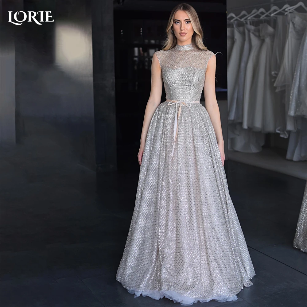 

LORIE Glitter Elegant Evening Dresses High Neck A-Line Sleeveless Bow Belt Prom Dress Floor Length Sparkly Pageant Party Gowns