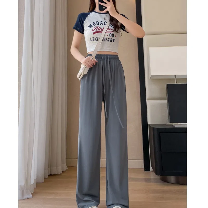 Summer Women's 2024 New Spliced Elasticized High-waisted Drawstring Fashion Loose Minimalist Comfortable Casual Straight Pants