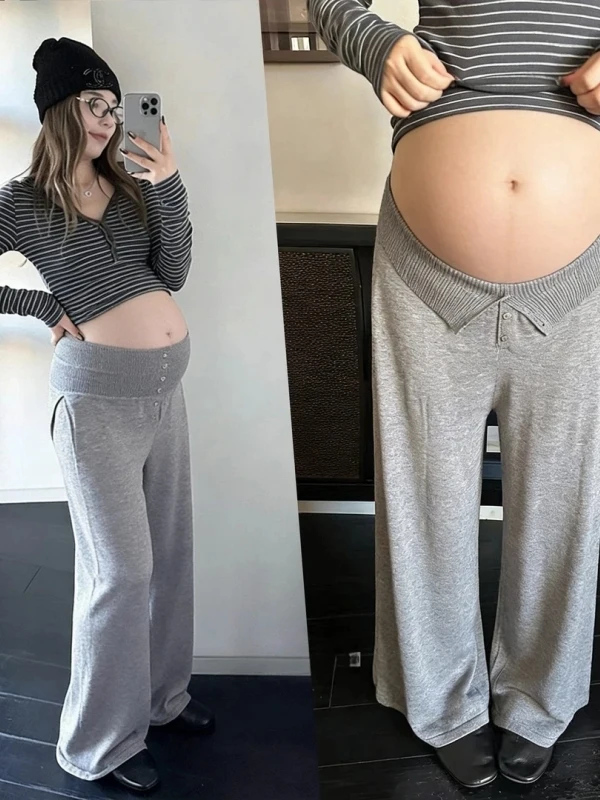 임산부용 루즈핏 와이드 레그 팬츠 로우 웨이스트 블랙 캐주얼 바지 편안한 슬리밍 플러스 사이즈 아웃도어웨어 봄 여름