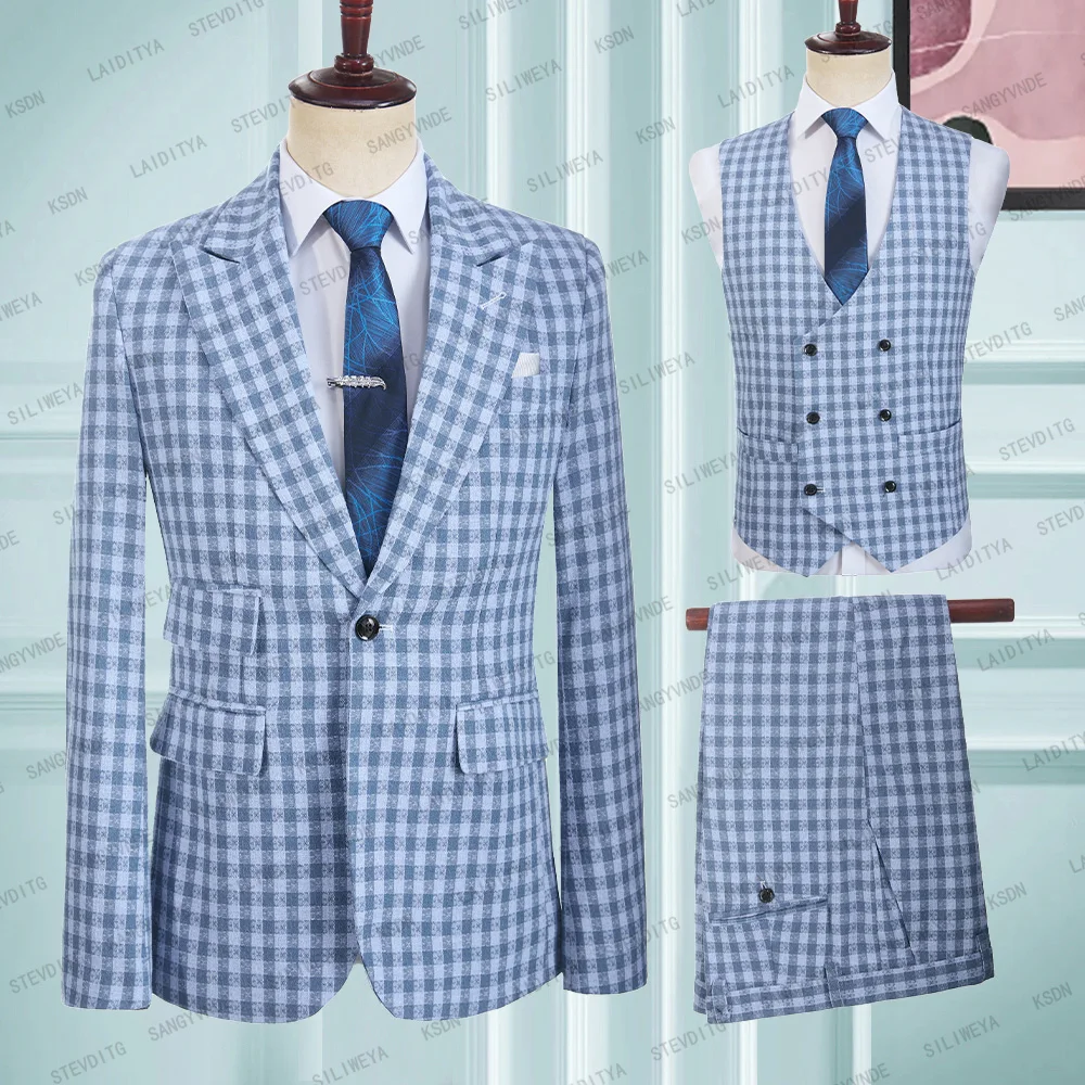 

Male Wedding New 2023 Summer Business Formal Blue Plaid Suit Luxury Slim Fit Coat Trousers Men Dress Blazers Pants Vest 3 Piece