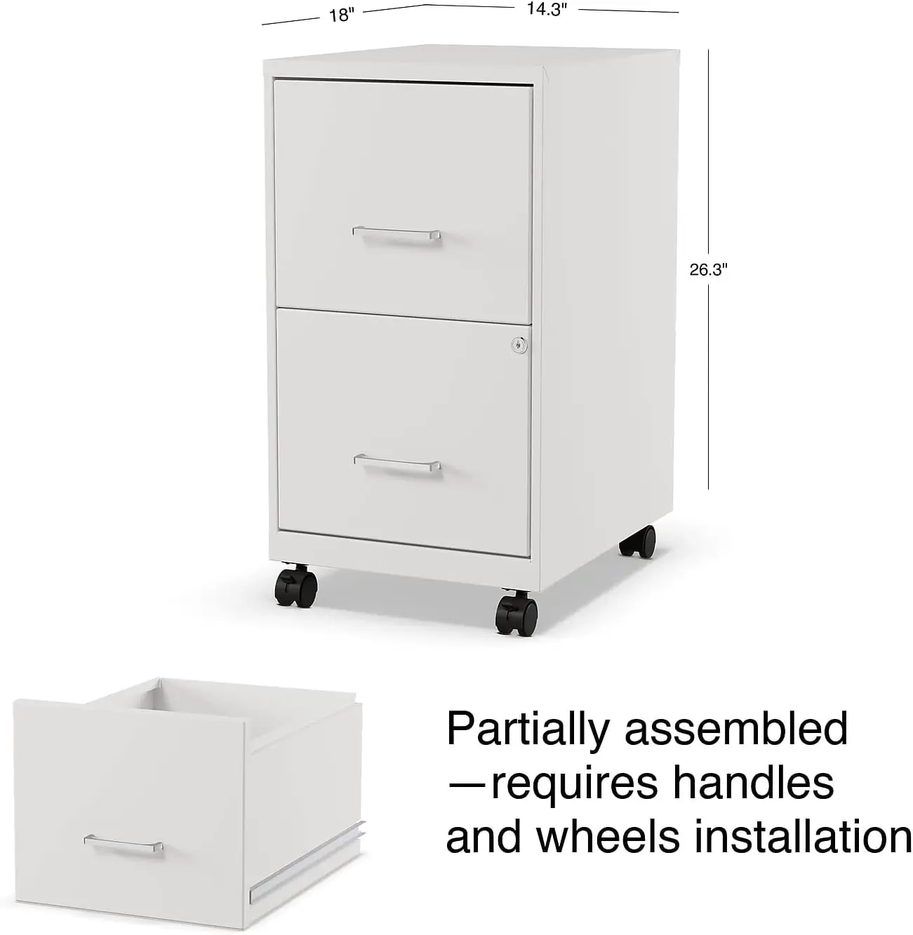 2-Drawer Vertical File Cabinet, Letter Size Documents, Lockable & Mobile, 18.9" D x 14.3" W x 26.3" H, White