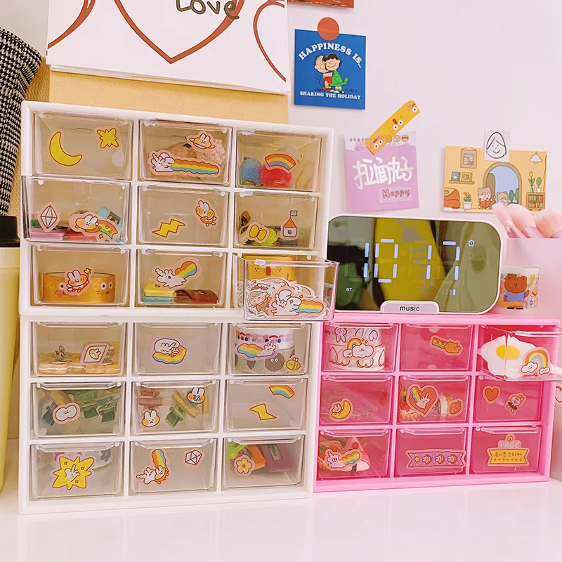 

Kawaii White/Pink 9 Grid ABS Drawer Desktop Organizer Desk Storage Box Free Sticker School Stationery Accessories Storage Boxes