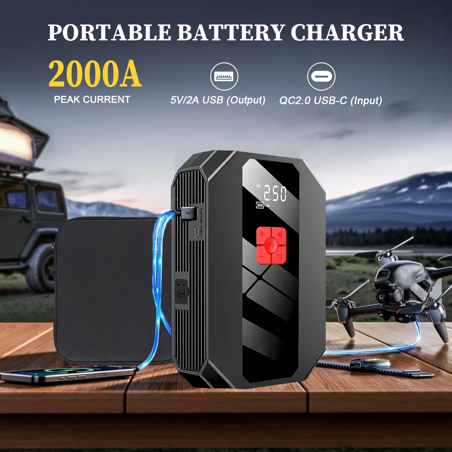 GKFLY 1200A Car Jump Starter Power Bank 12V Portable Battery Station For 5.0L/3.0L Car Emergency Booster Starting Device