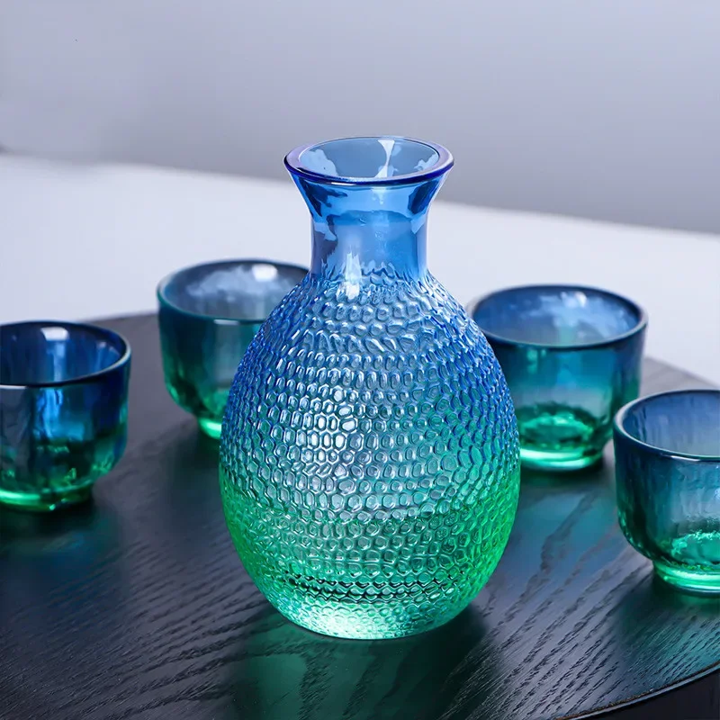 Japanese Style Hammered Peacock Blue Jug Set, Crystal Sake Jug, Cup Liquor Dispenser, Huadiao Wine Hot Jug,wine Warmer, Wine Set