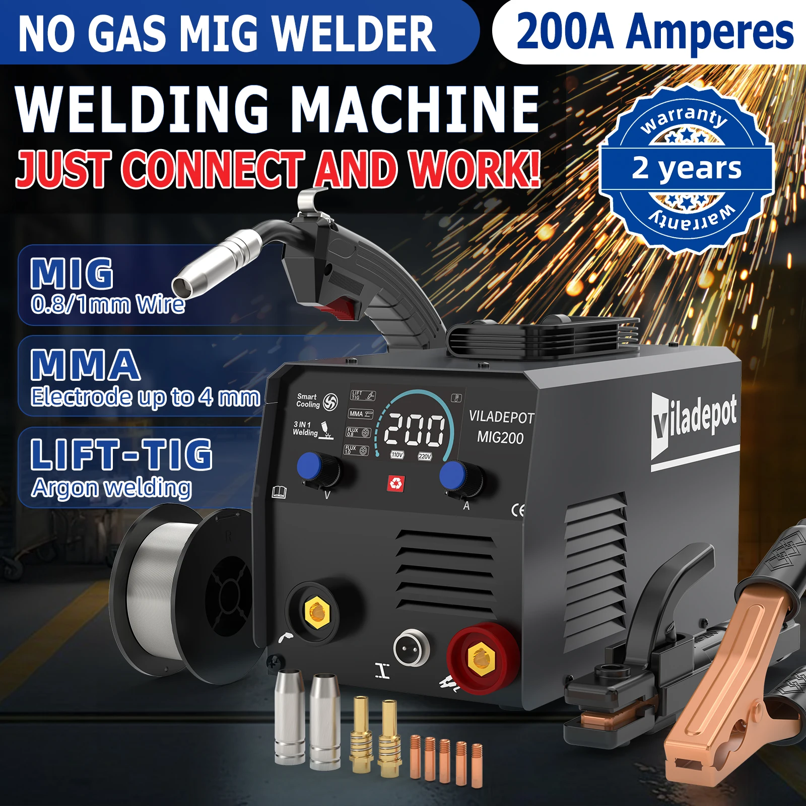 Viladepot 200A MIG Welder IGBT Inverter MIG200 3-in-1 Flux-cored Wire Without Gas/Lift TIG/MMA Welding Machine 220V