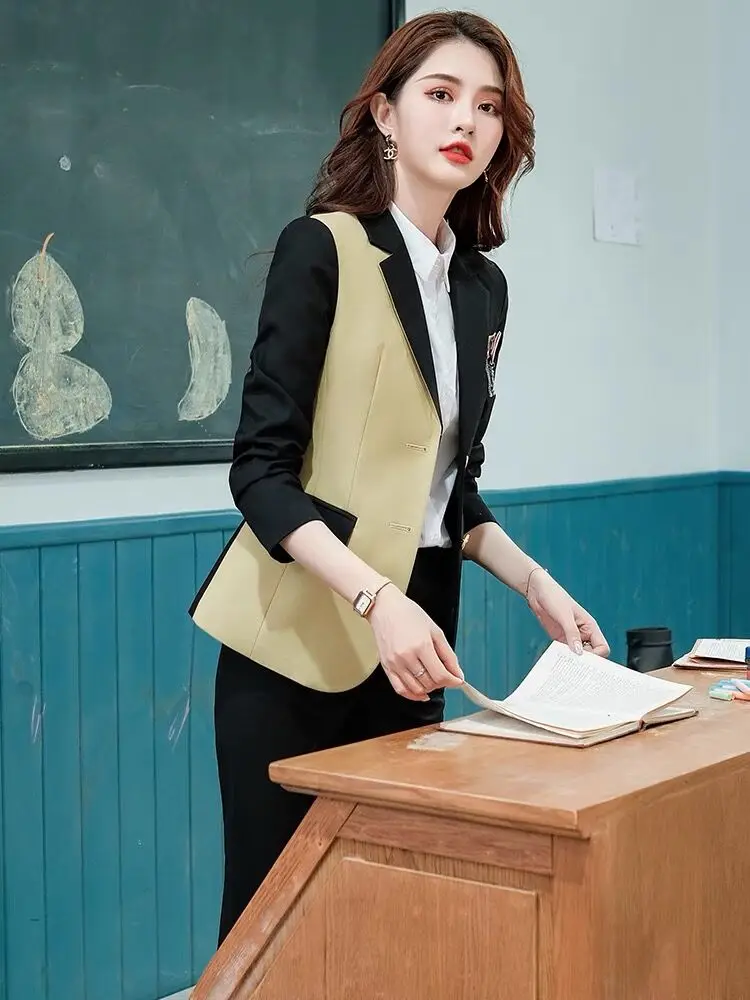 Latest Korean Design Women Pant Blazer Suit College Style Jacket Coat And Trousers 2 Piece Set Teacher Work Wear Business Office