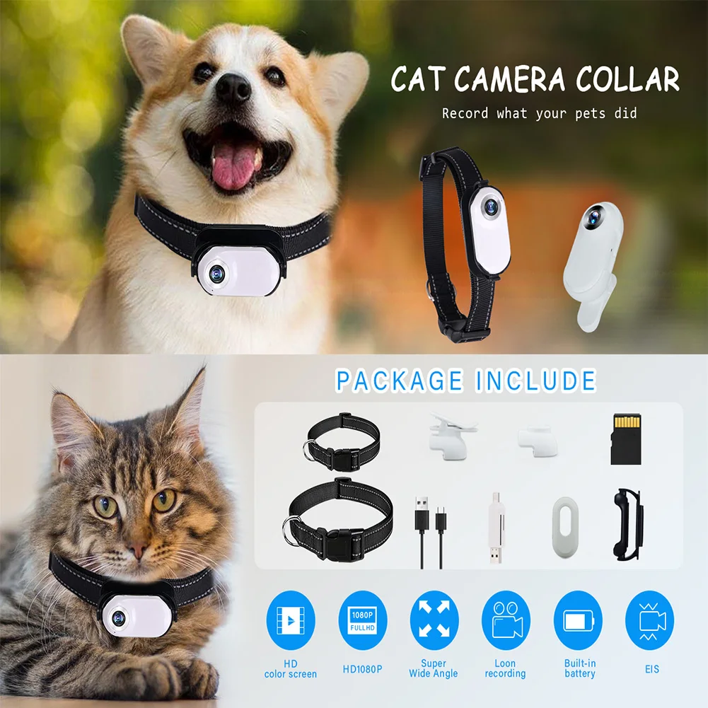 HD 1080P Cat Camera Collar with Video Record Small Action Camera with 32GB Memory Card Body Camera for Work Travel Pet Walking