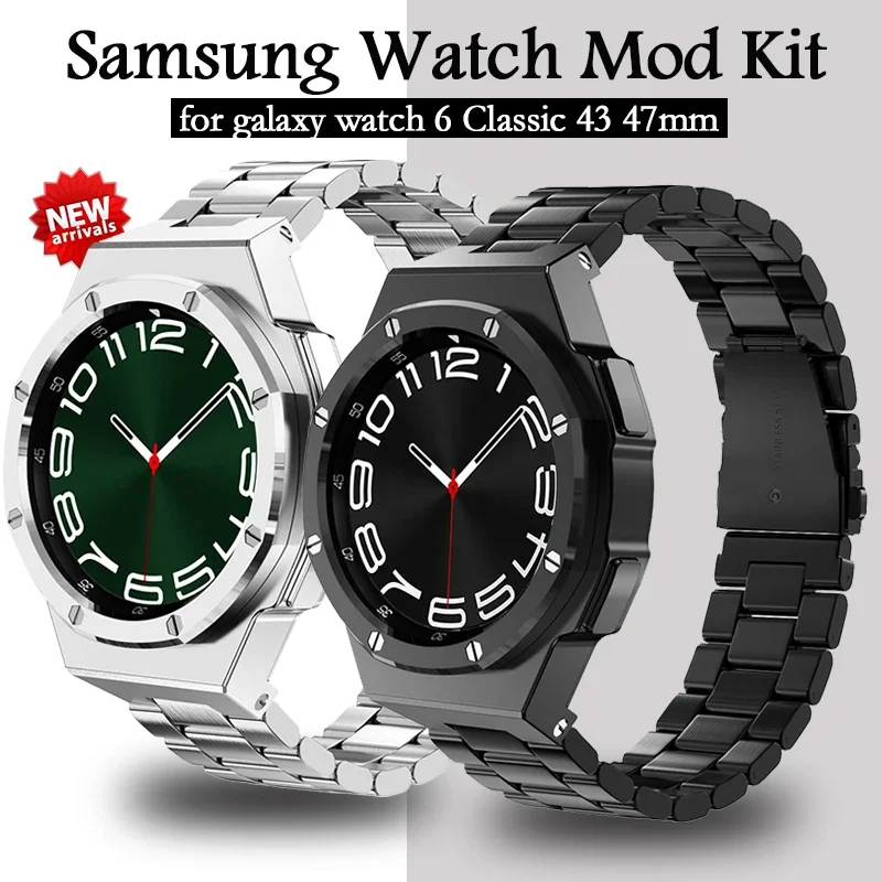 

Роскошный Металлический комплект для модификации для Samsung Galaxy Watch 6 Classic 43 мм 47 мм корпус из нержавеющей стали резиновый ремешок 6 набор классических модов Новинка