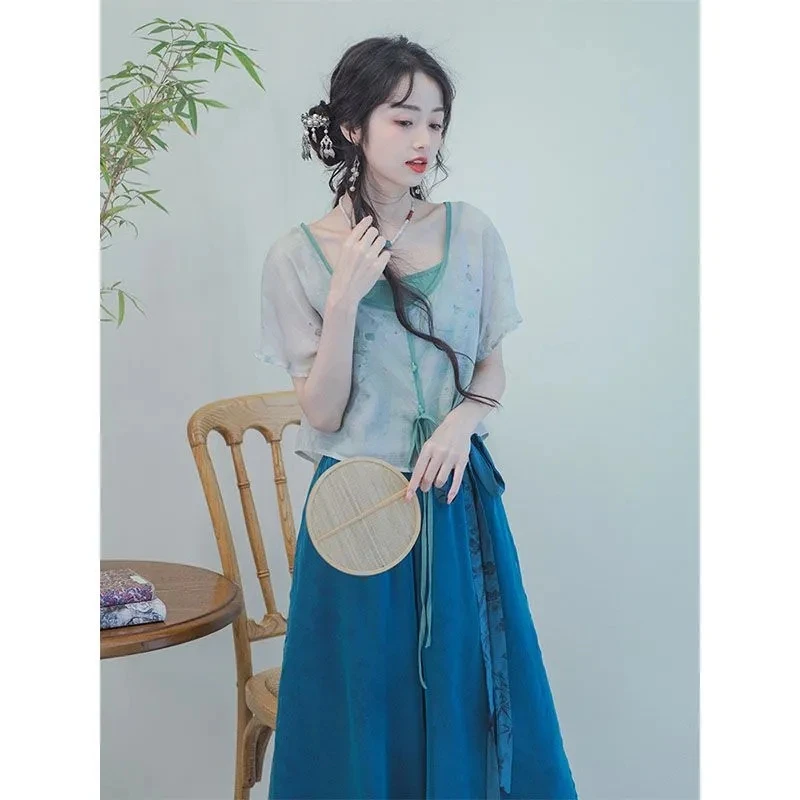Retro Short Skirt Set Blue Women's Clothing Set Casual Top Skirt Suit Elegant High-end Summer Traditional Chinese Clothes