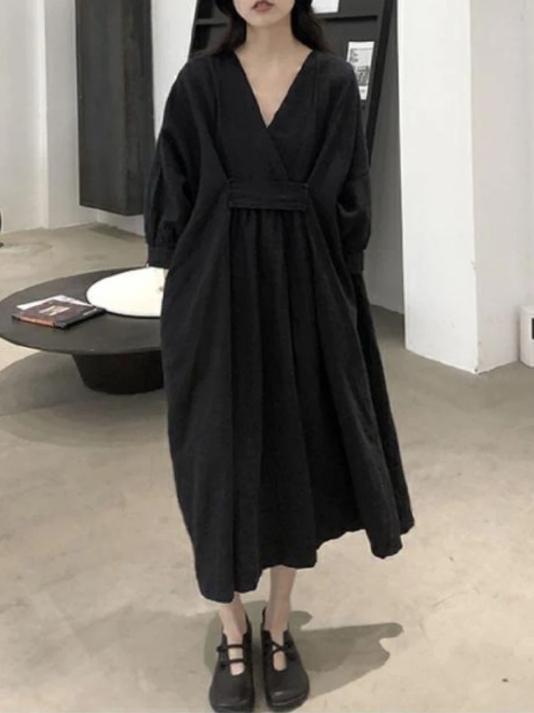 

Dresses for Women 2023 New Autumn Korean Fashion LOOSE Large Size Long Dresses Solid V-Neck Robe Gentle Versatile Vintage Dress