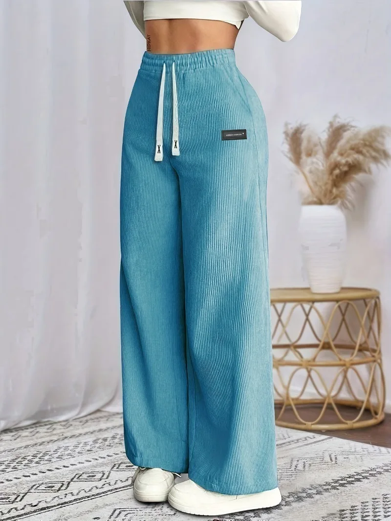 Women's Solid Tapered Trousers - Soft Comfortable All-Season Casual Pants with Drawstring Waist & Cuffed Hem Straight-Leg Design 1