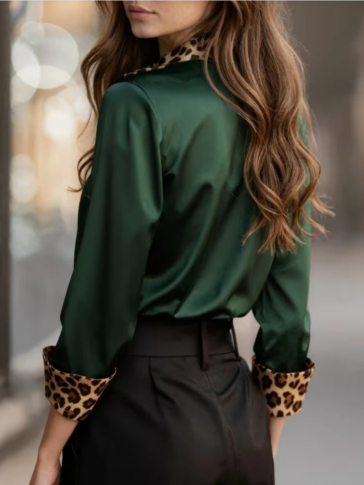 Spring Autumn New Women's Leopard Print Lapel Cardigan Color Tin Satin Long Sleeve Long Sleeve Shirt Elegant Solid Color Blouse