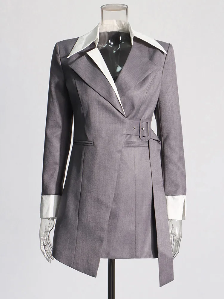 BPN Casual Hit Color Blazers For Women Notched Collar Long Sleeve Patchwork Belts Temperament Blazer Female Fashion Clothing New