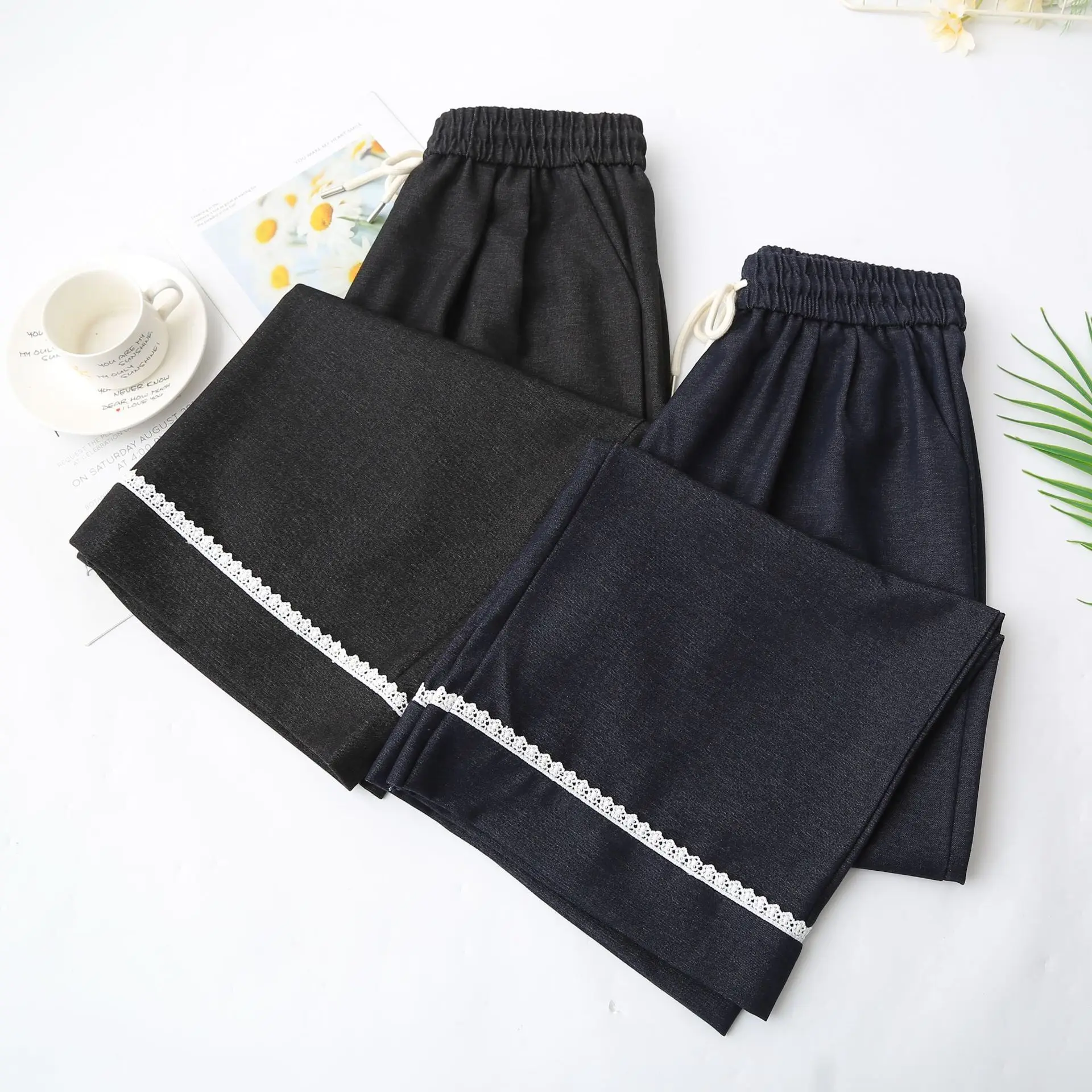 Fashion Plus Size Women's Wide Leg Trousers Autumn New Style Casual Lace Patchwork Straight Pants Loose Full Length Bottoms 375