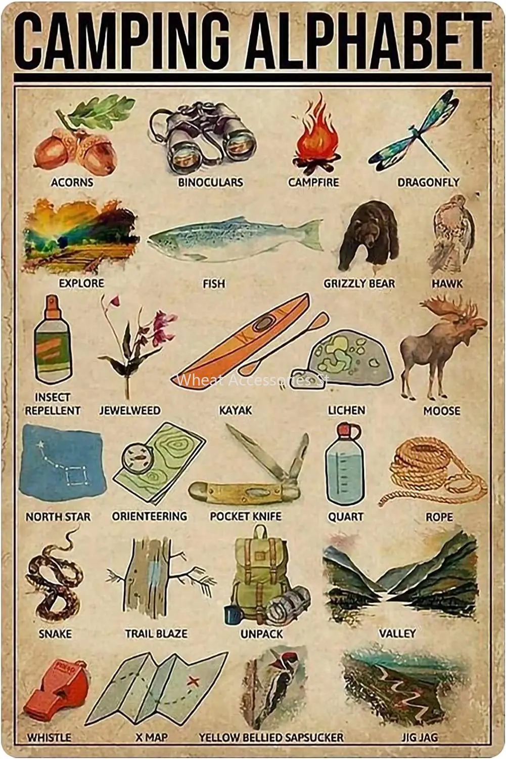 

Camping Knowledge Metal Tin Sign Camping Alphabet Infographic Poster Outdoor School Education Club Garage Home Wall