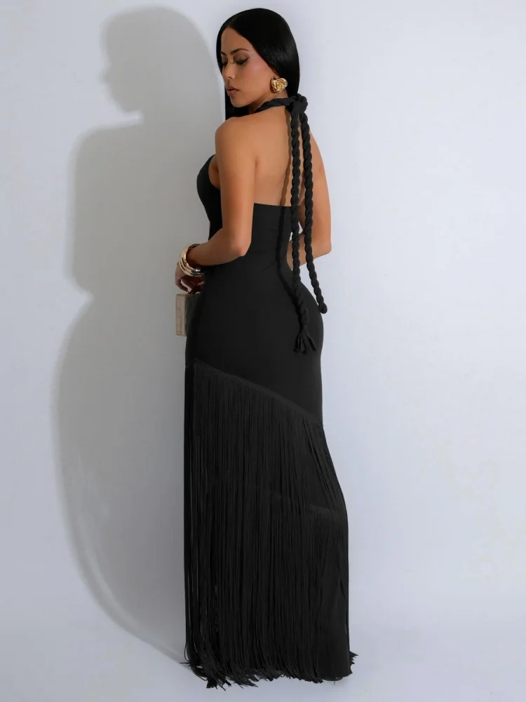 Wmstar 2025 Elegant New Women Summer Long Dress Tassels Strapless Bandages Sleeveless Solid Color Patchwork Sexy Spice Style