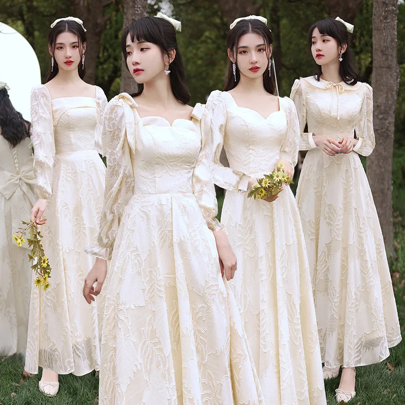 

Champagne Bridesmaid Dress New Spring High-End Niche Wedding Sisters Group Small Dress Women's Spring Long Sleeve
