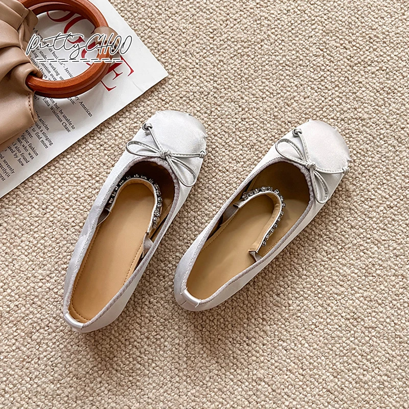 Luxury Satin Silk Ballet Shoes Woman Classic Round Toe Bowtie Ballerina Flats with Crystal Rhinestone ELastic Band