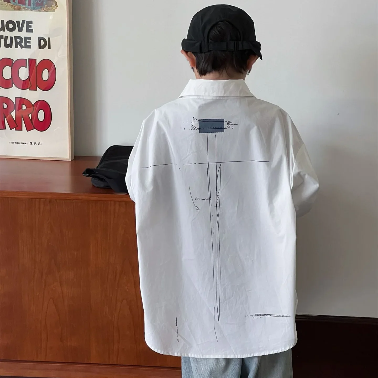 Pure Cotton Shirt for Boys Cheese And Cat Graffiti Pencil Drawing Design Korean Style Autumn Outerwear Fresh Style
