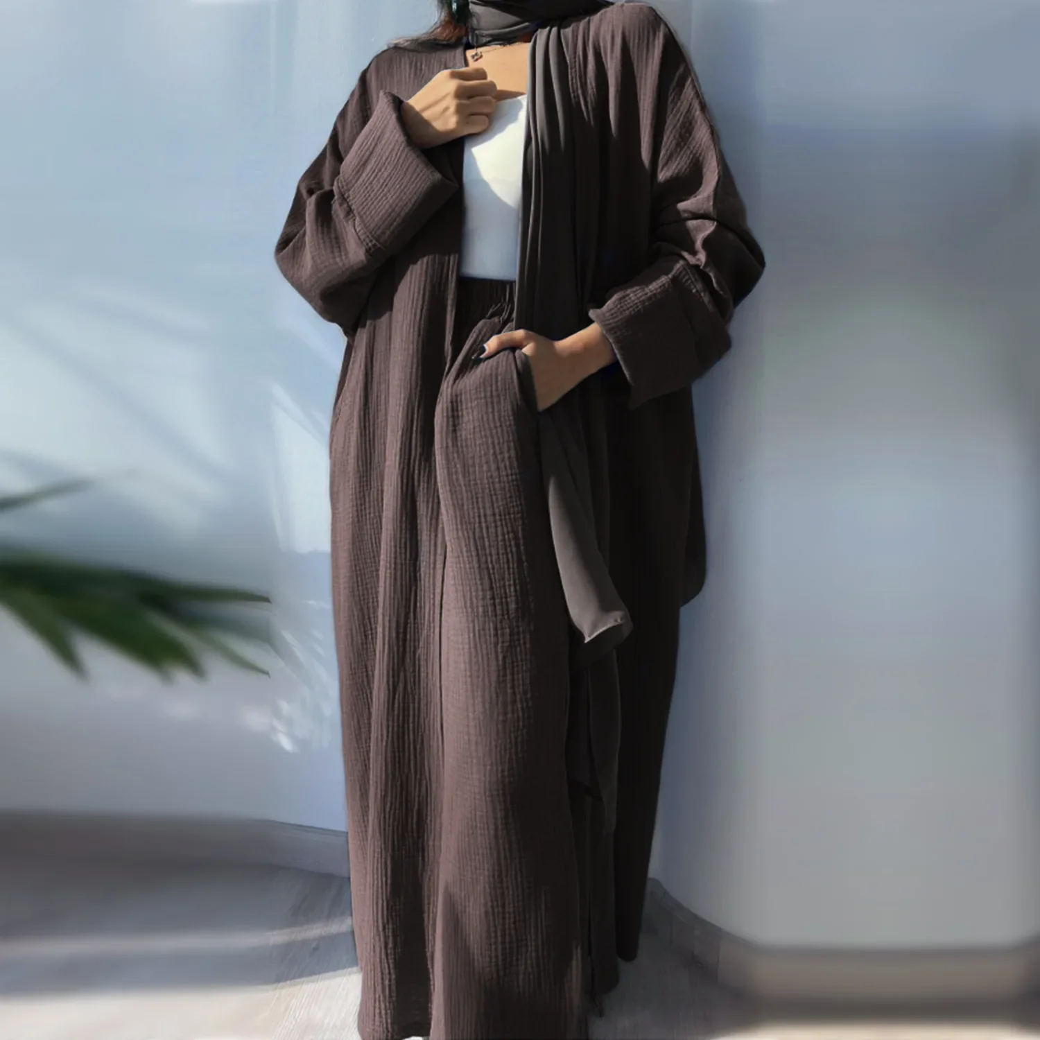Plain Cotton Open Abaya with Pants Summer Turkey Arabic Kimono Muslim Dress casual Abayas for Women Dubai Islamic Modest Outfit