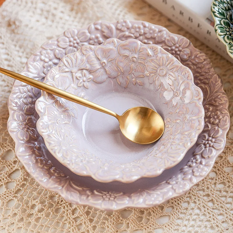 

French style retro relief flower bowl, palace style ceramic dining plate, European style tableware, Western dining plate