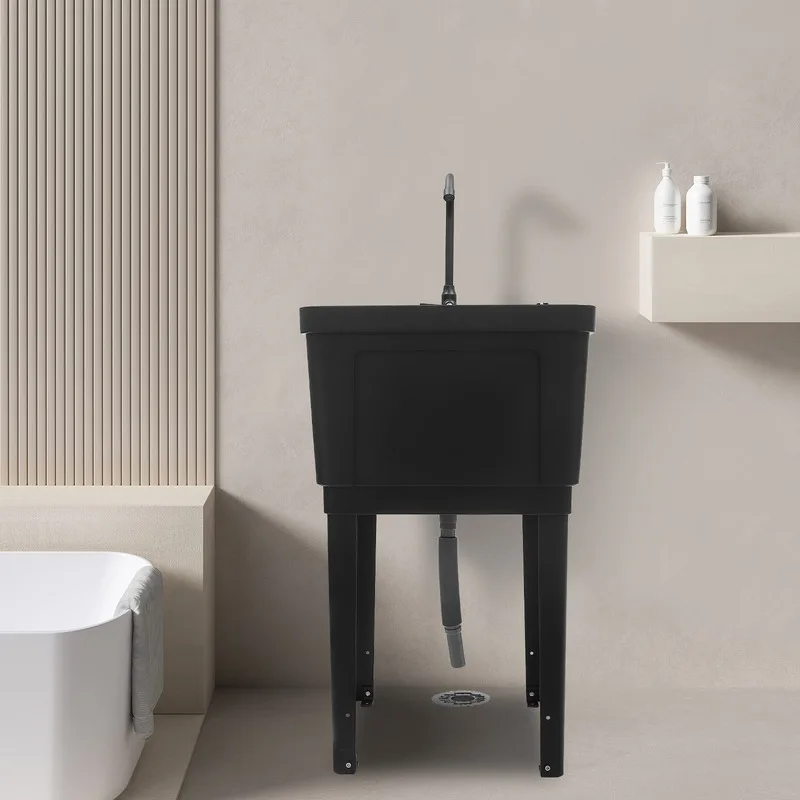 Freestanding Laundry Tub Utility Wash Sink w/ Faucet & Soap Dispenser for Bathroom Black 3