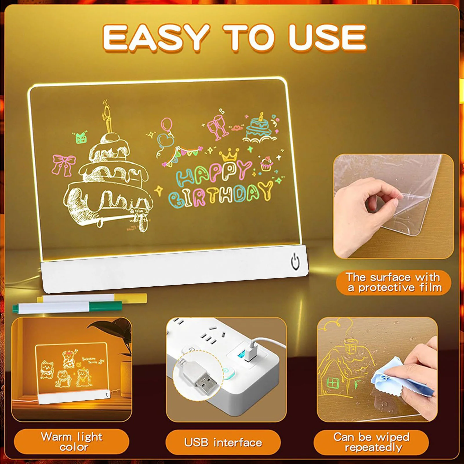 11.8x8in LED Note Board 7 RGB Lights 4 Lighting Modes Light Up Acrylic Dry Erase Board with 7 Marker Pens Stand Wiping Tool